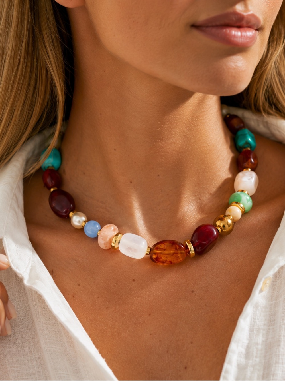 Multi-Color Beaded Statement Necklace - Gold Accents